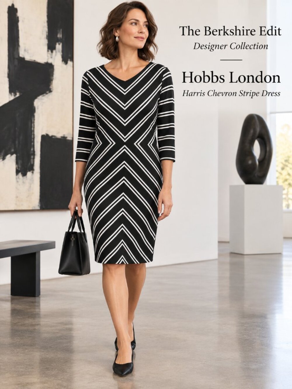 Hobbs London Harris Dress NWT US 14 Black Ivory Chevron Stripe Sheath UK 18